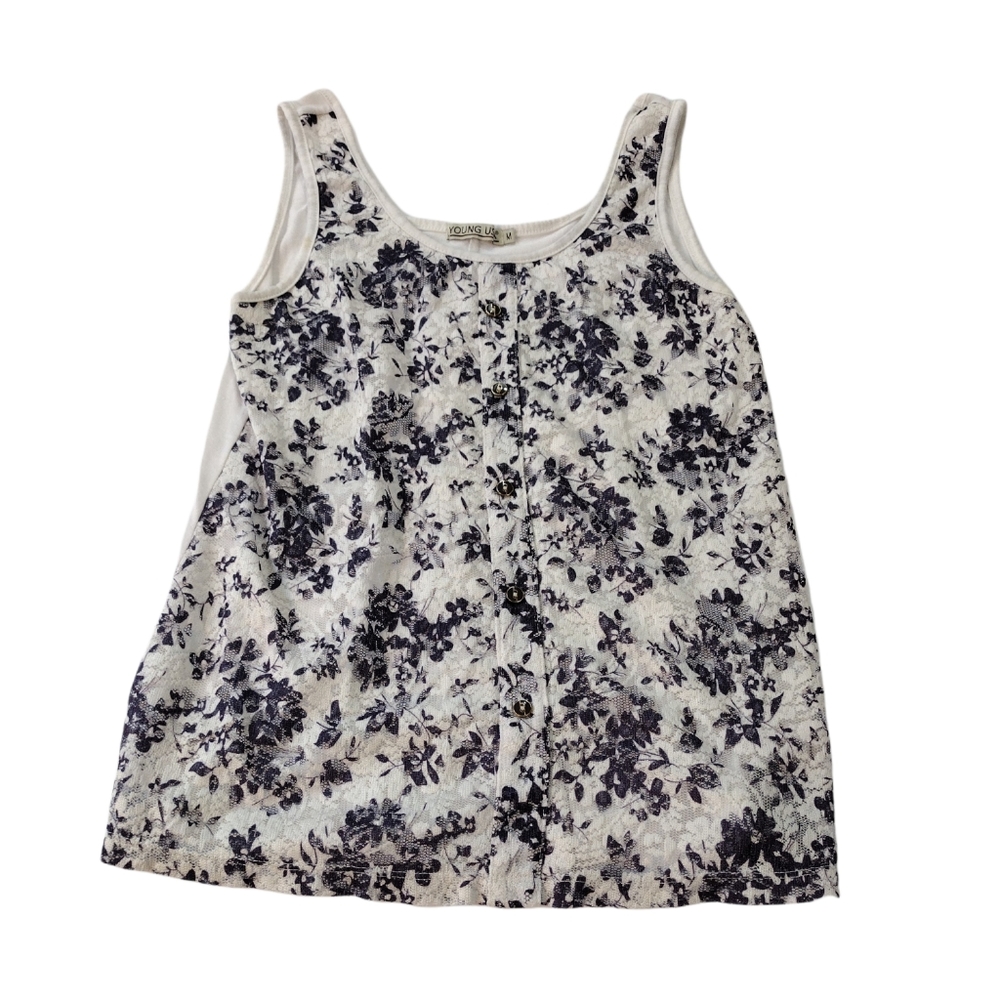 Young USA Floral Women's White Blue Sleeveless Top Polyester Rayon Blend Used